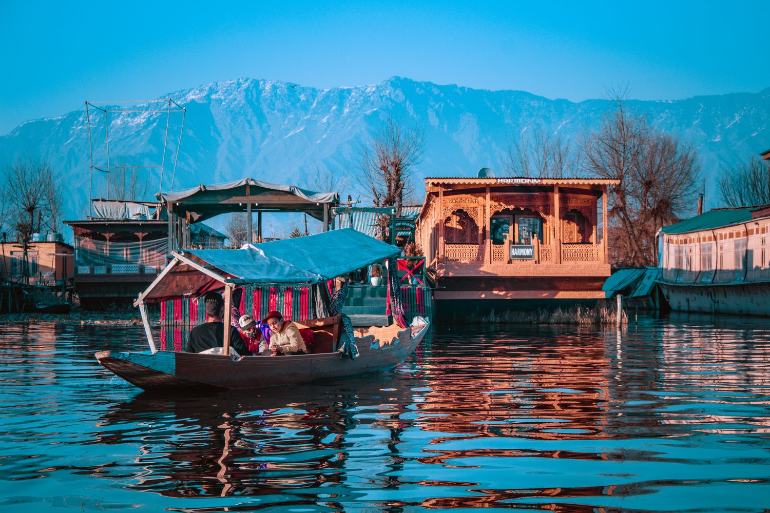 Shikaras on Dal Lake with mountains behind, Srinagar, Kashmir