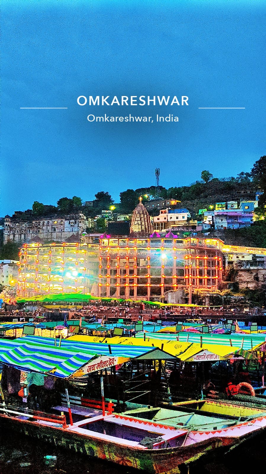 Omkareshwar temple lit up at night