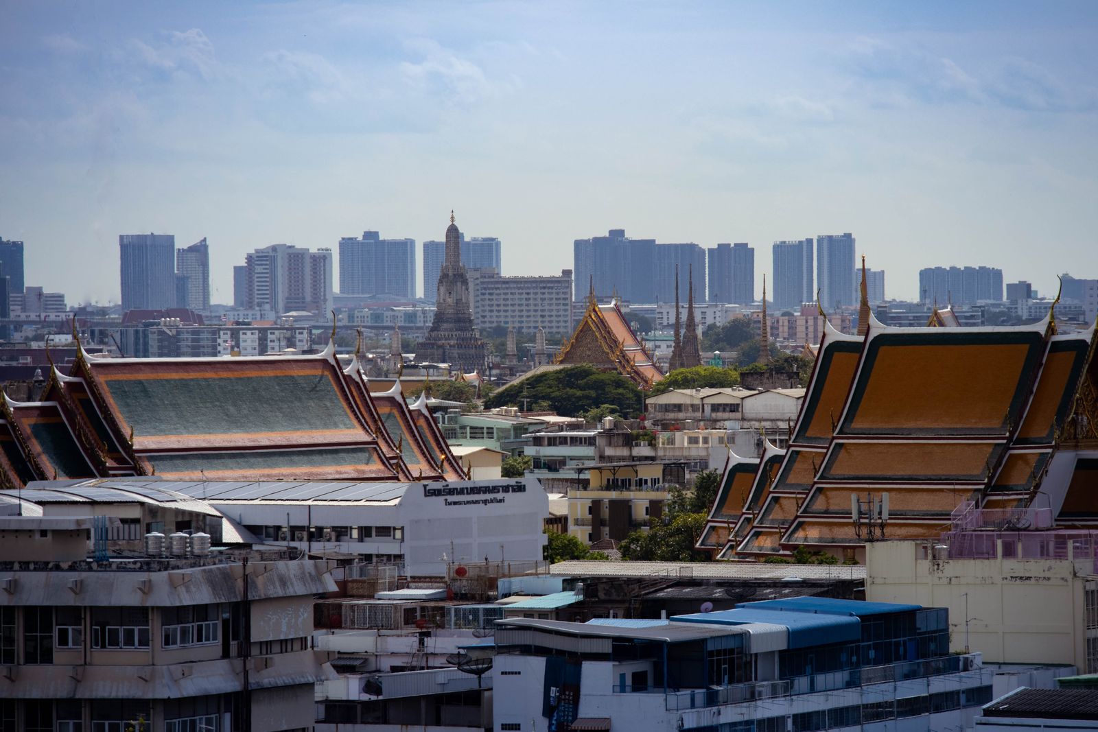 Bangkok skyline and the Chao Phraya river at dusk, Thailand