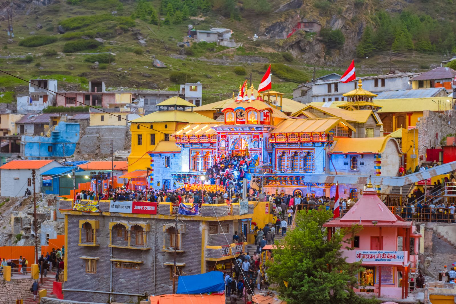 The colourful Badrinath temple in the Himalayas